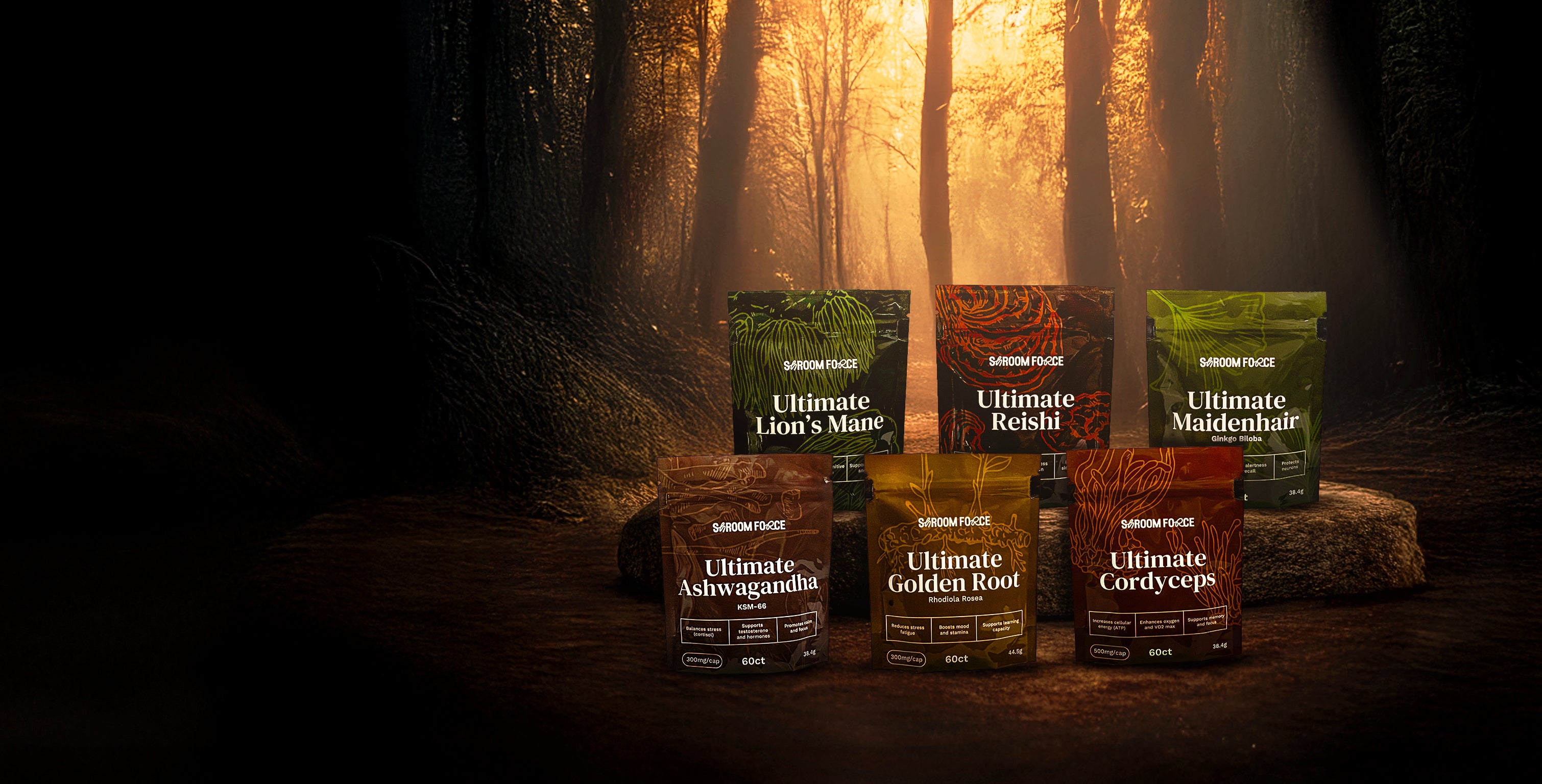 Collection of 'Ultimate' brand mushroom growing products in a forest setting with a spotlight effect.